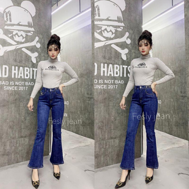 Quần Jean Nữ Ống Loe Tua Gấu Thêu Cạp Lưng Cao