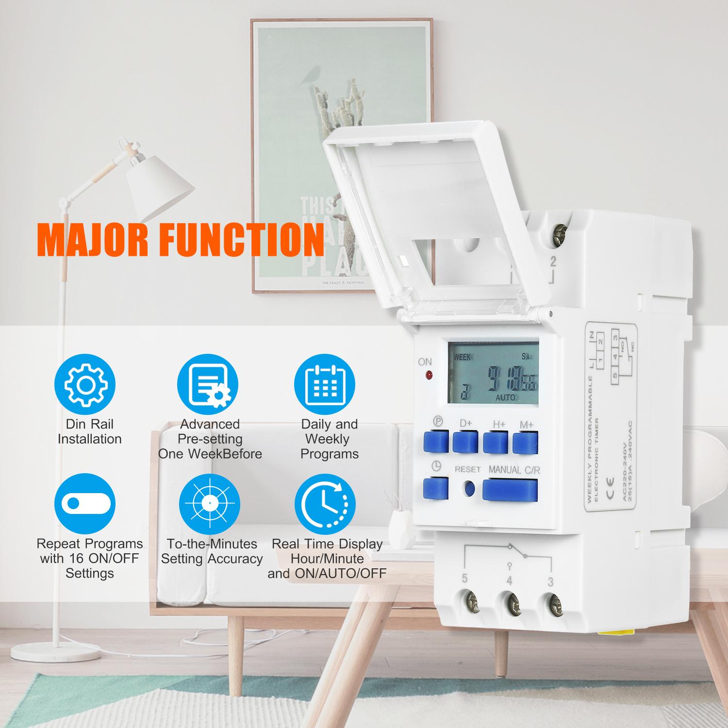 THC15A Digital LCD Power Programmable Timer Switch Relay 16A Amp Electronic Weekly 7 Days 16 On & Off Relay Timer