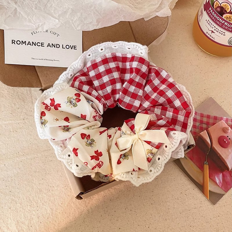 Scrunchies cột tóc mùa xuân hè, dây buộc tocs nữ nơ, caro ren hoa nhí