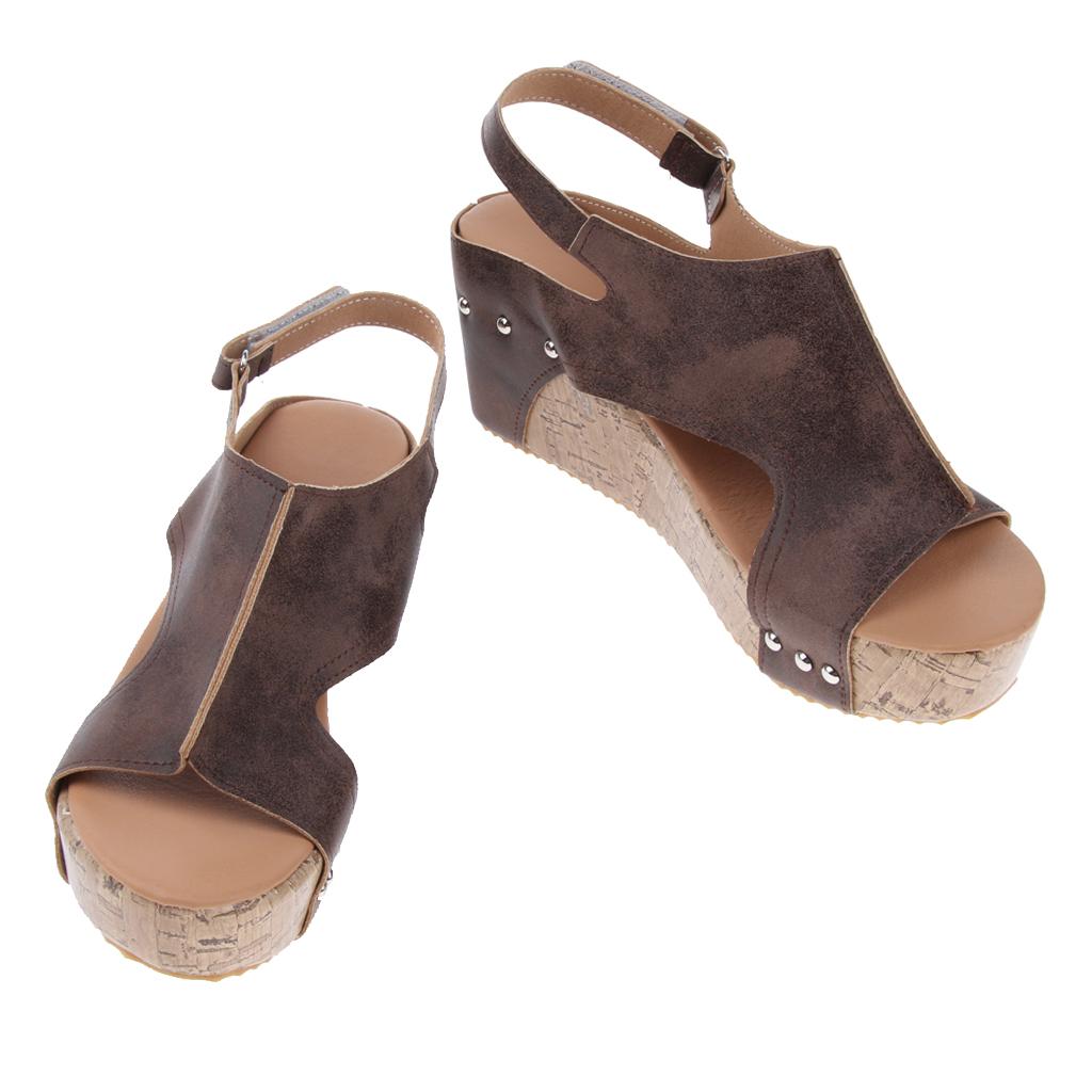 Retro Studded Cork Platform Wedge Sandal Leather Upper Open Toe for Women