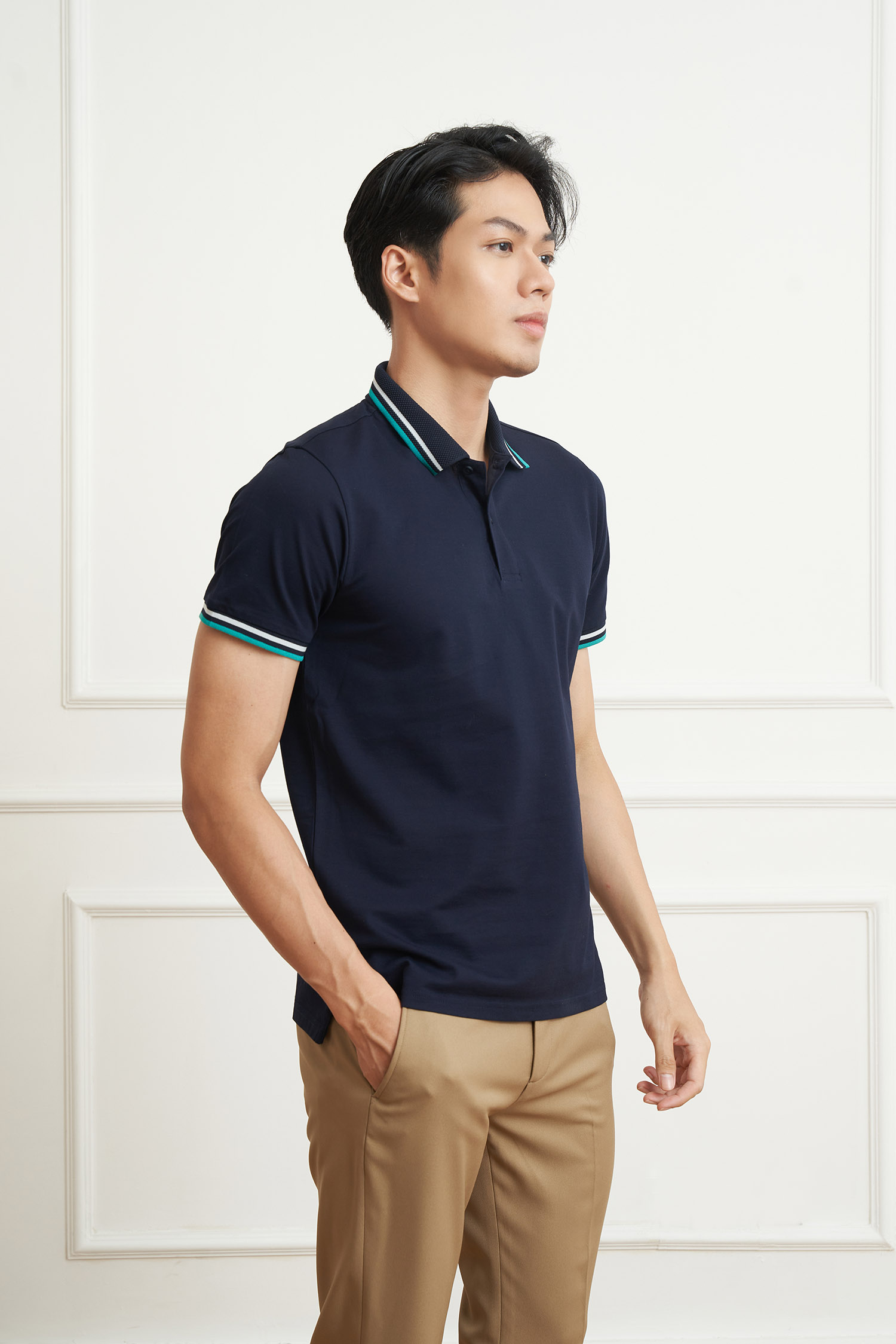 N&amp;MCLUB Áo polo Nam Cotton Mercerize viền cổ kẻ sọc thời trang 2105017