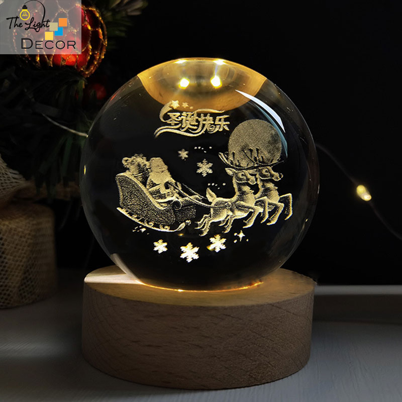 Bộ Quà Tặng Giáng Sinh 2023 Quả Cầu Pha Lê 3D Đèn Led Noel 6cm (Kèm đế đèn + hộp quà)