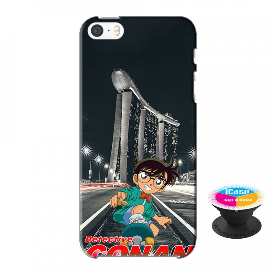 Ốp lưng nhựa dẻo dành cho iPhone 5S tặng popsocket in logo iCase - in hình Conan