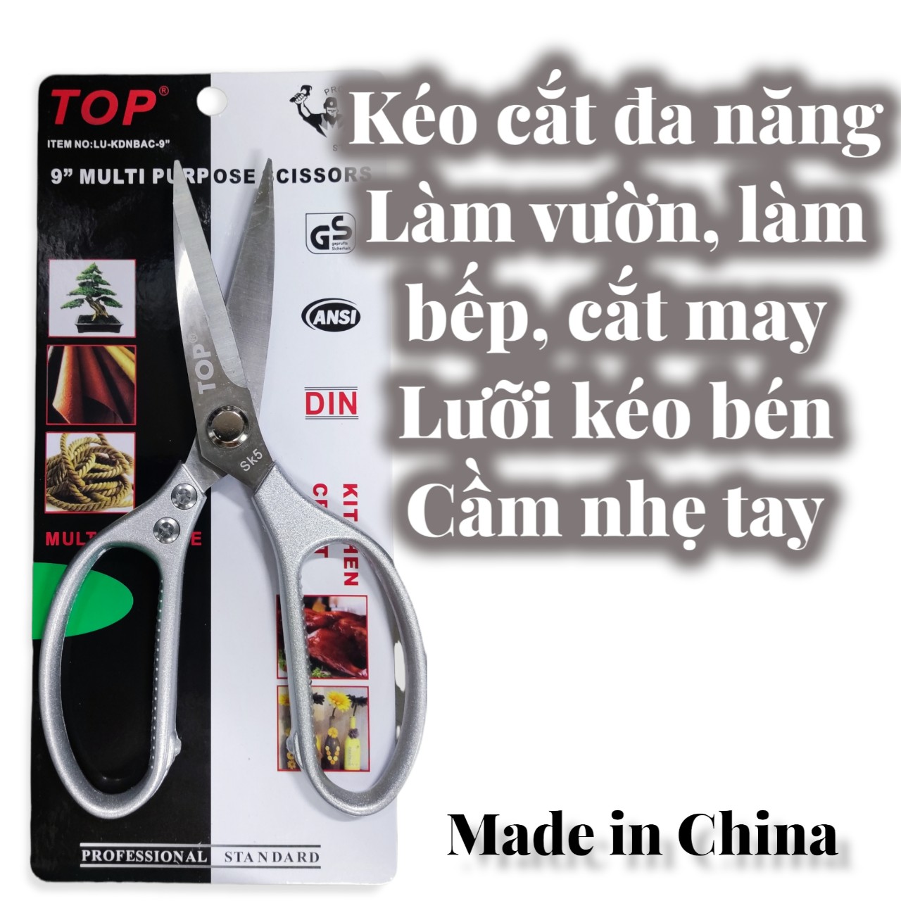 Kéo cắt đa năng TOP - dùng làm vườn, làm bếp, cắt may - lưỡi kéo sắt bén, cầm nhẹ tay - made in China
