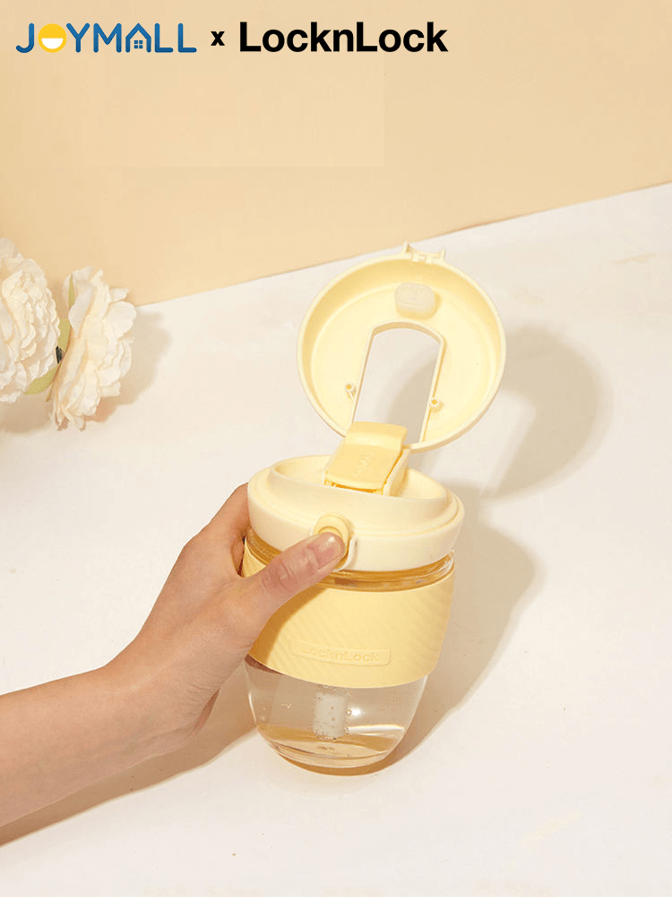 Bình nước thủy tinh bọc cách nhiệt 400ml LocknLock LLG968, Hàng chính hãng, có ống hút, mở 1 chạm - JoyMall