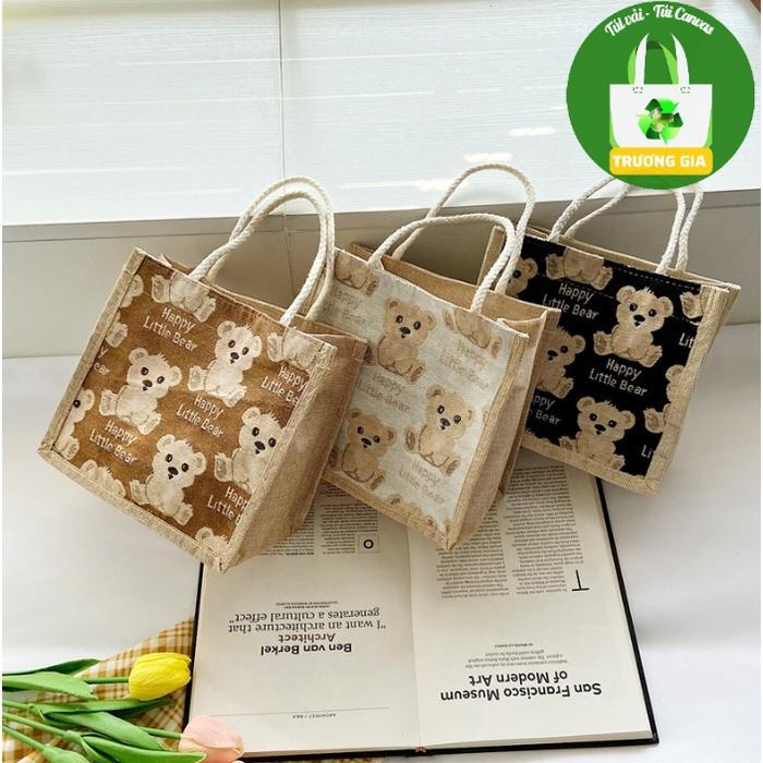 Túi cói mini Vải Đay Khóa kéo Trương Gia Túi Vải - Túi Canvas gấu cute Phong cách thời trang - Cô gái nhỏ