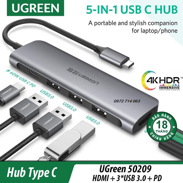 Bộ chuyển cổng USB Type-C sang HDMI, 3 USB3.0, PD Ugreen (5 in 1) - hàng chính hãng Full vat