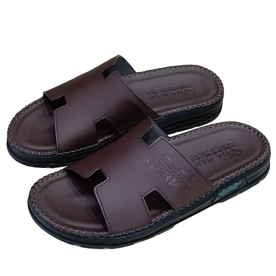 Dép Nam Da Bò HA NAM Đế Siêu Nhẹ Khâu Chỉ Toàn Bộ DNA22041 - Màu Đen