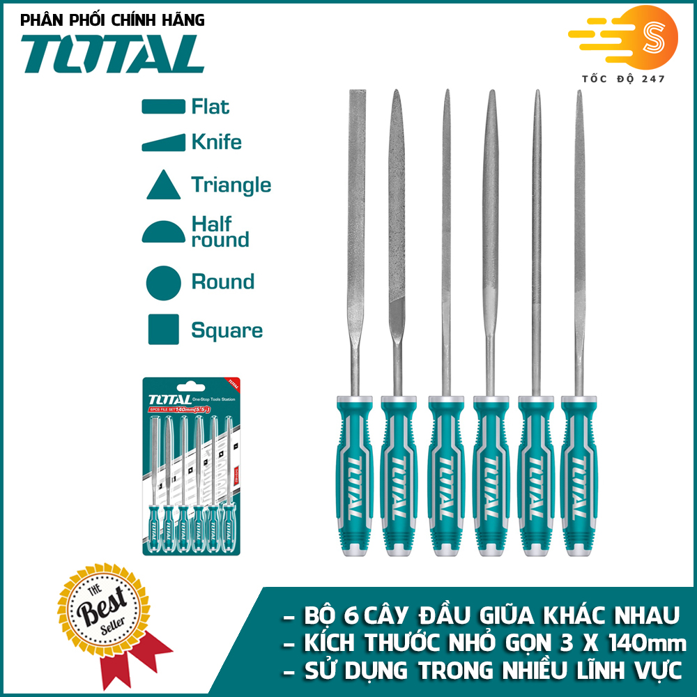 Bộ 6 cây giũa sắt đa dạng đầu dài 3 x 140mm TOTAL THT91462 - An toàn, Nhỏ gọn, Đầu giũa làm từ hợp kim thép, Tay cầm bọc nhựa