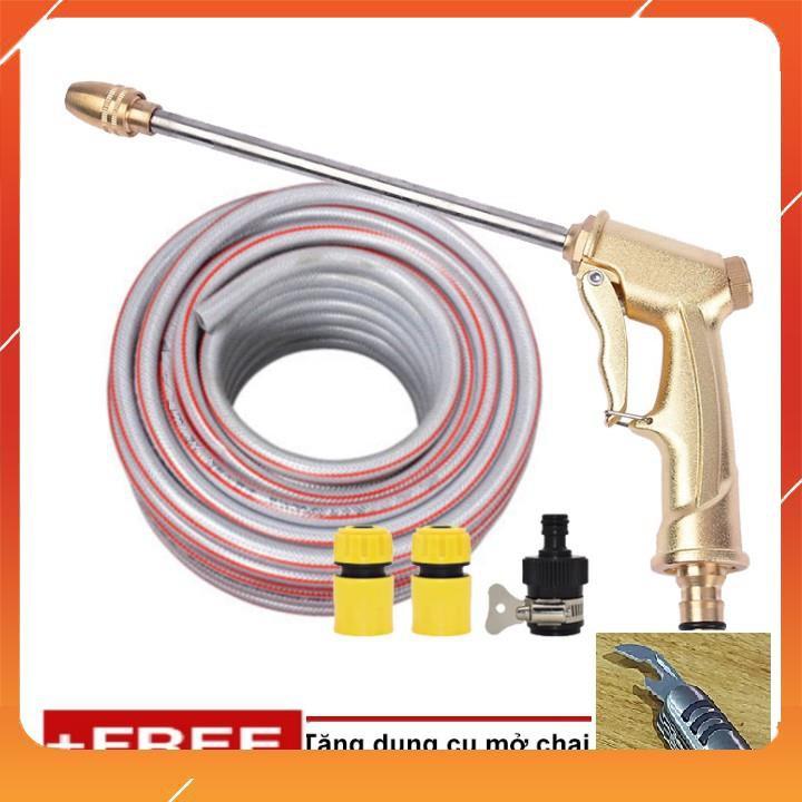 Bộ dây vòi xịt nước rửa xe, tưới cây, tăng áp 3 lần, loại 20m 206701-3 đầu đồng,cút,nối nhựa đen+ tặng mở chai