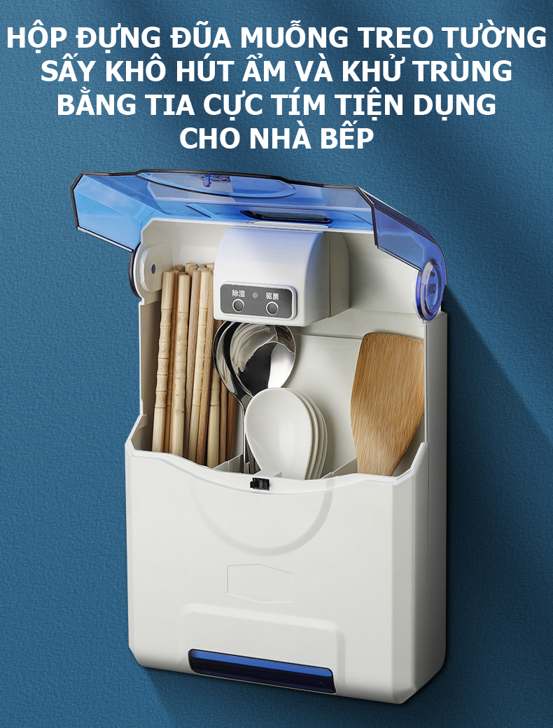 Hộp đựng đũa muỗng treo tường sấy khô hút ẩm và khử trùng bằng tia cực tím tiện dụng cho nhà bếp GD00018