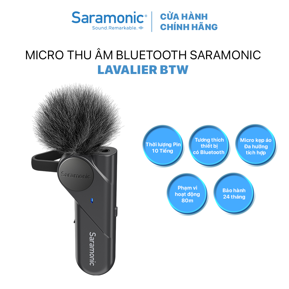 Micro Thu Âm Cài Áo Không Dây Saramonic Lavalier BTW - Kết Nối Bluetooth Với Điện Thoại, Máy Tính - Hàng Chính Hãng
