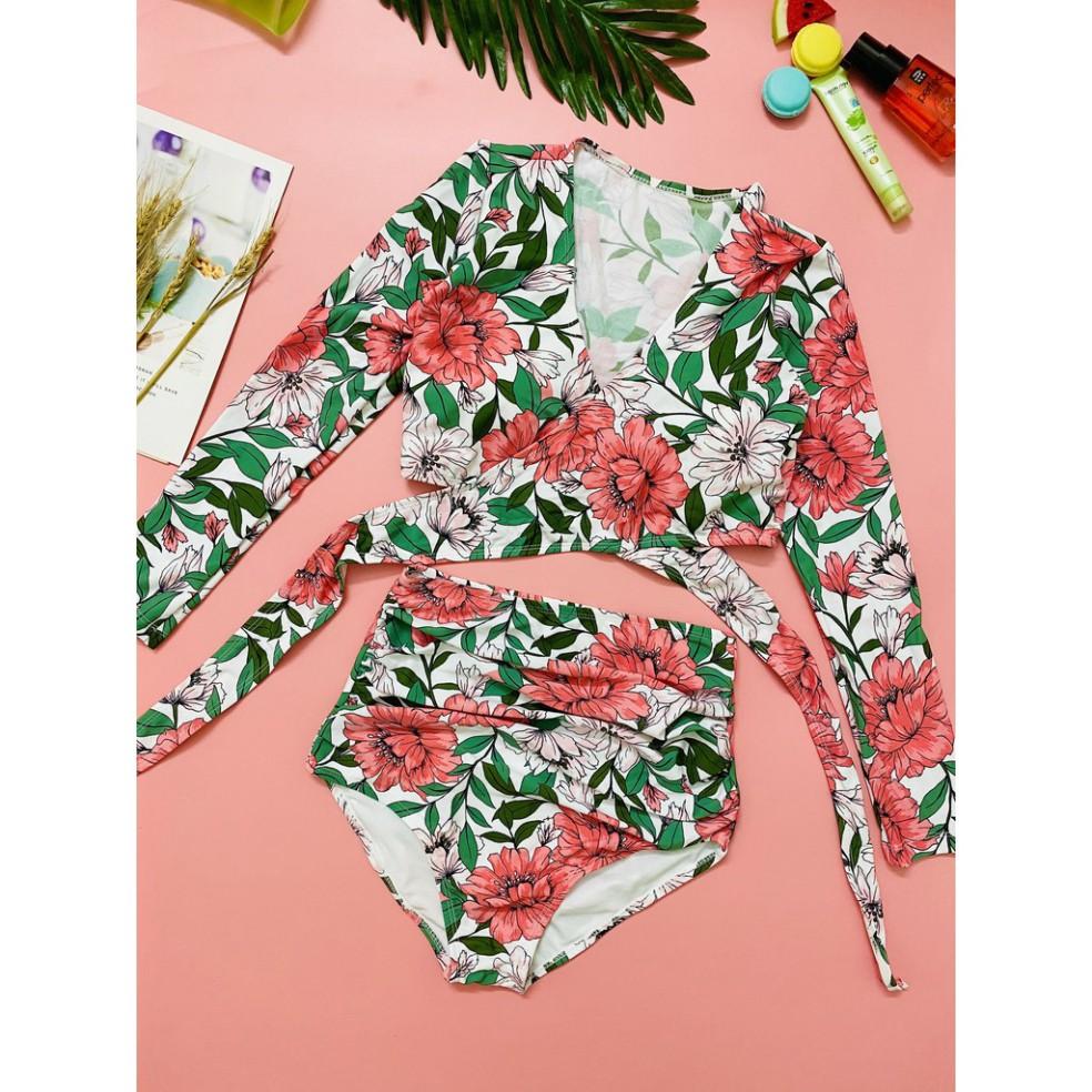 freeship Bikini hai mảnh dài tay ️Freeship️ họa tiết hoa lá hoa hồng quần cạp cao mặc đi biển đi bơi mới nhất