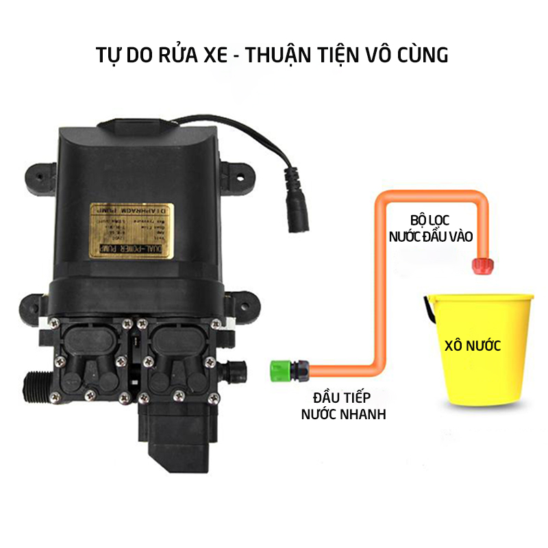 Trọn bộ máy bơm nước rửa xe mini động cơ đôi 120W, gồm ống nước vòi đồng tăng áp lực xịt nhiều chế độ rửa xe máy, ô tô, tưới cây, rửa sân vườn tặng bộ biến áp 220V-12V