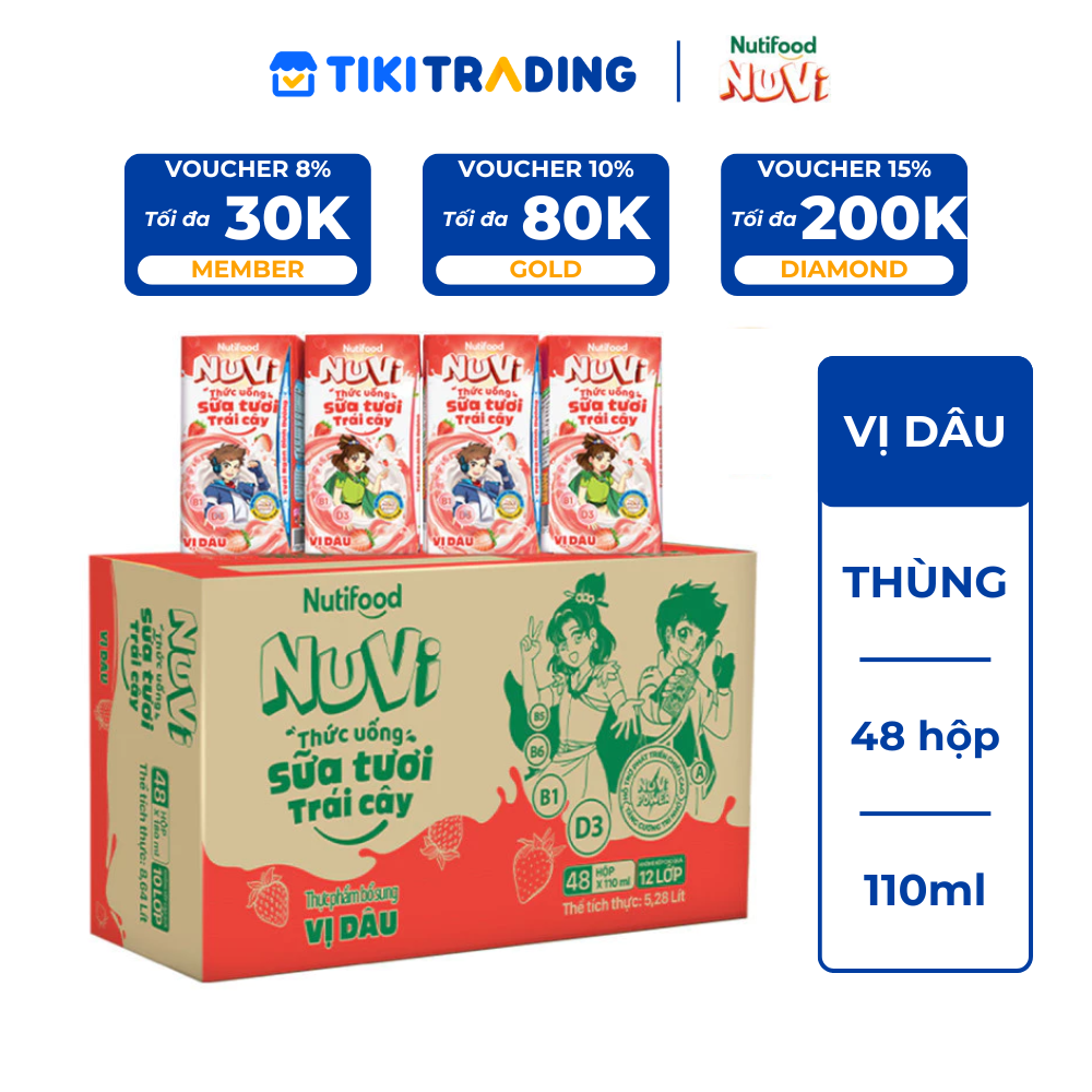Thùng 48 hộp Thức Uống Sữa Tươi Trái Cây Tươi Nuvi Vị Dâu 110ml - Tăng Cường Chiều Cao, Phát Triển Trí Não