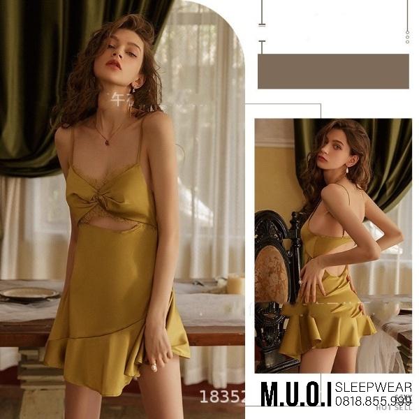 Váy ngủ sexy Quảng Châu-Sx 41 Váy ngủ lụa xoắn ngực phối ren chân váy đuôi cá QCCC Muối Sleepwear-sẵn