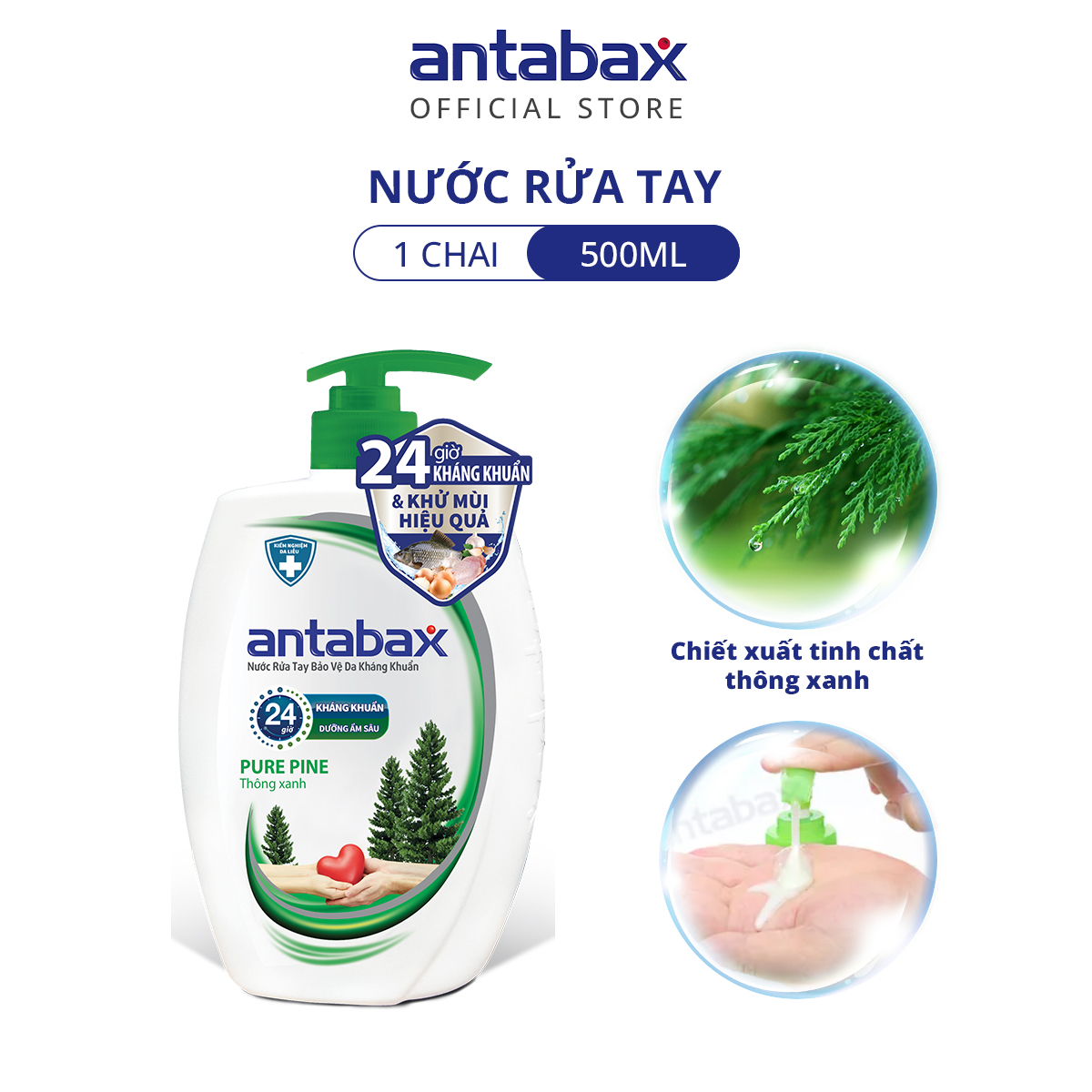 Nước Rửa Tay Bảo Vệ Da Kháng Khuẩn Antabax Pure Pine Thông Xanh 500ml