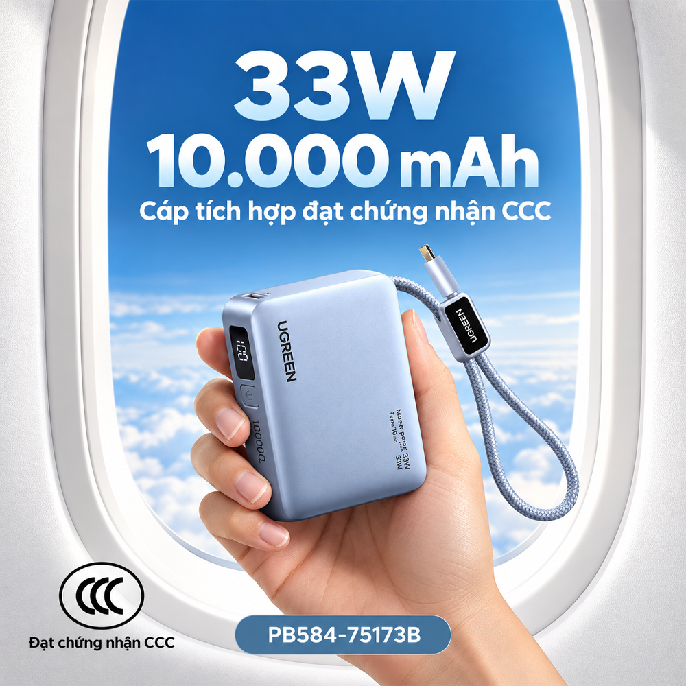Sạc dự phòng Ugreen Power Bank Built-In Cable 25cm 1USB 1Type-C 33W 10000mAh PB584 75173B - Hàng chính hãng