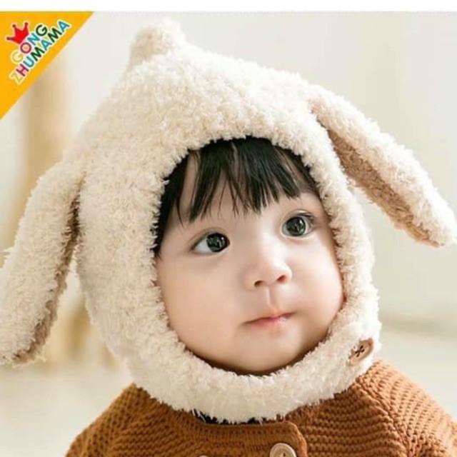 Combo 2 mũ len lông cừu cài cúc tai thỏ cho bé trai bé gái từ 3 tháng đến 6 tuổi