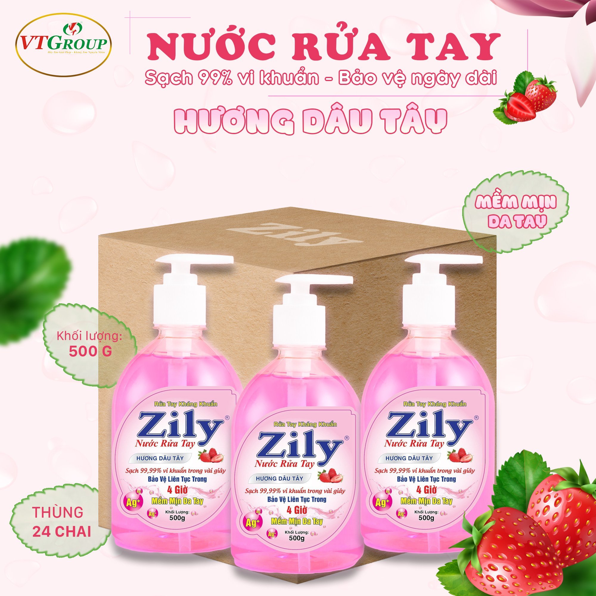 Nước rửa tay Zily 500g hương Dâu Tây ( 24 chai/ thùng)