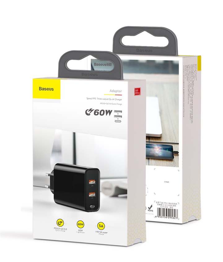 Củ sạc siêu nhanh Baseus công xuất 60W Sạc Nhanh Quick Charge PD3.0+ QC3.0 - 2 cổng USB , 1 Type C Cho iPhone Xiaomi Samsung Huawei - Hàng chính Hãng