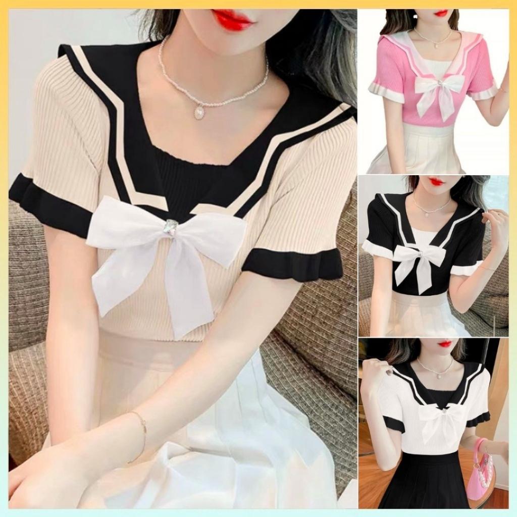 Áo len nữ dệt kim Montoghi CÀI NƠ CỔ dáng ôm kết hợp TAY BÈO Quảng Châu ngắn xinh xắn