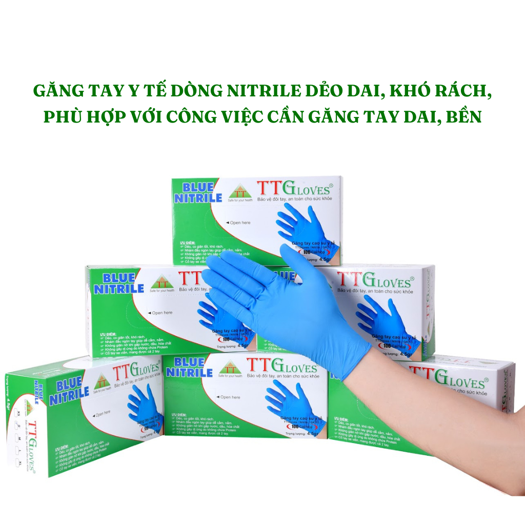 Găng Tay Cao Su Y Tế Size XS Không Bột Nitrile TTGLOVES Màu Xanh (100 Chiếc)