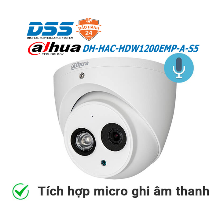 Camera Dome Dahua DH-HAC-HDW1200EMP-A-S5 2MP 1080P tích hợp mic hàng chính hãng DSS Việt Nam
