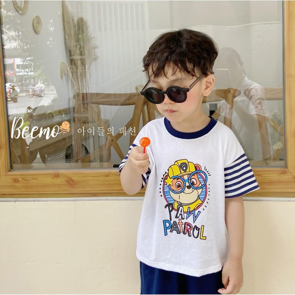 Set áo phông quần ngố bé trai họa tiết phối tay kẻ phong cách Hàn Quốc size 9-23kg