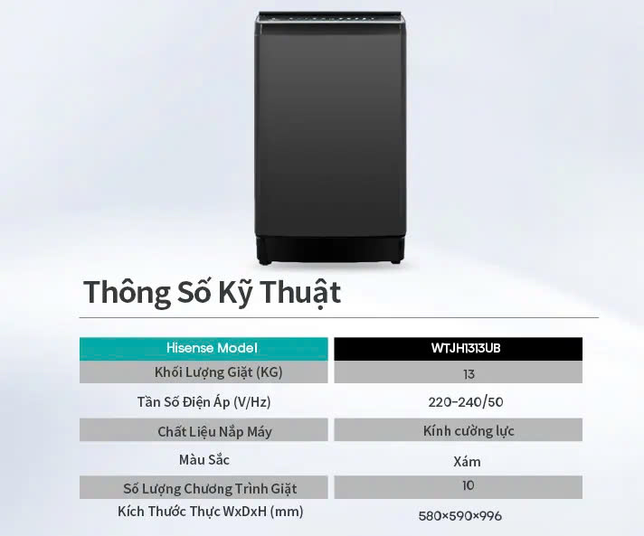 Máy Giặt Hisense 13kg WTJH1313UB Giặt thông minh AI tiết kiệm điện và nước, bảo hành 2 năm - HÀNG CHÍNH HÃNG