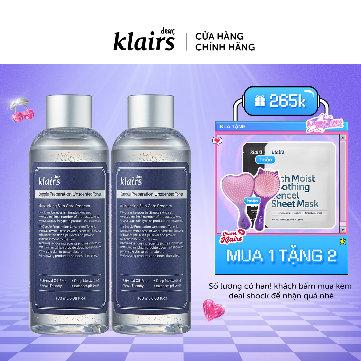 Combo 2 Nước hoa hồng Dear, Klairs Supple Preparation Unscented Toner 180ml