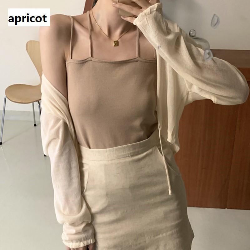 Áo Hai Dây Dệt Kim Một Màu Trơn Nữ Tính Phong Cách Hàn Quốc