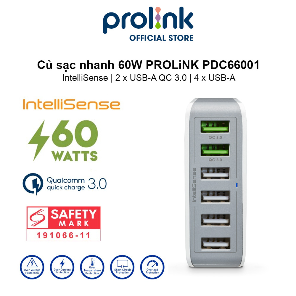 Củ sạc nhanh 60W PROLiNK PDC66001, 6 cổng 2xUSB-A QC 3.0 & 4xUSB-A, IntelliSense, sạc điện thoại, máy tính bảng, laptop - Hàng chính hãng