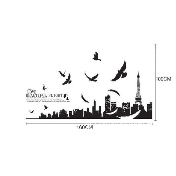 Decal trang trí tường Thành Phố và đàn Chim đen