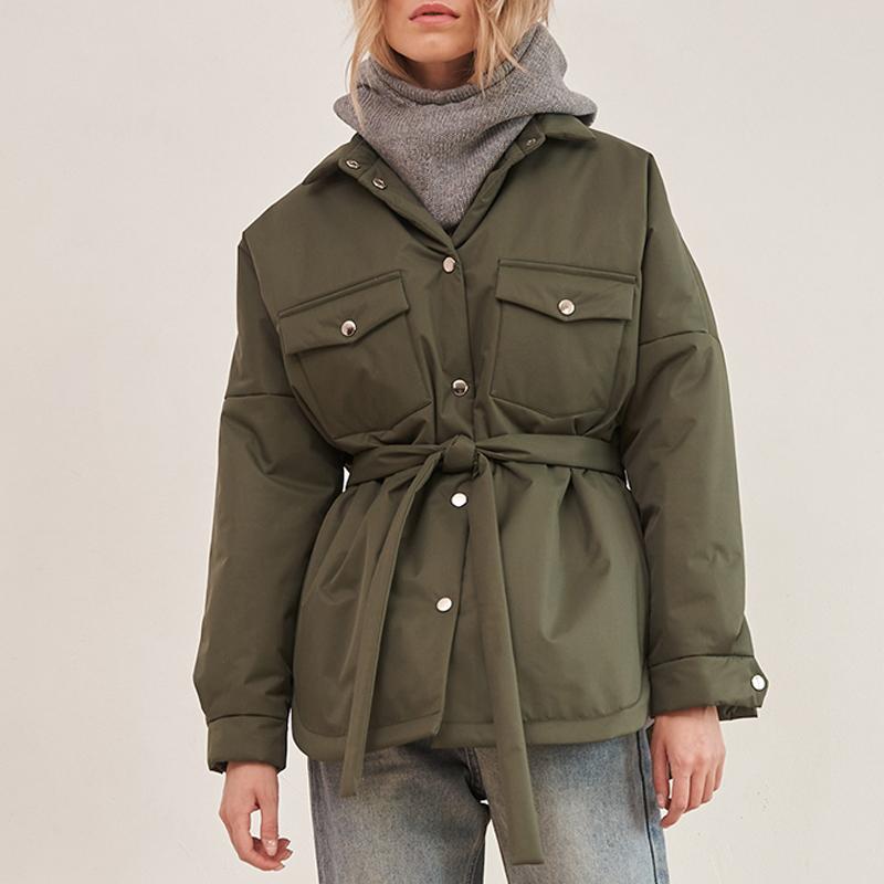 Túi Trước Parkas Thời Trang Nữ Phối Dây Áo Khoác Nữ Thanh Lịch Chắc Chắn Cổ Gập Cotton Áo Khoác Nữ Nữ