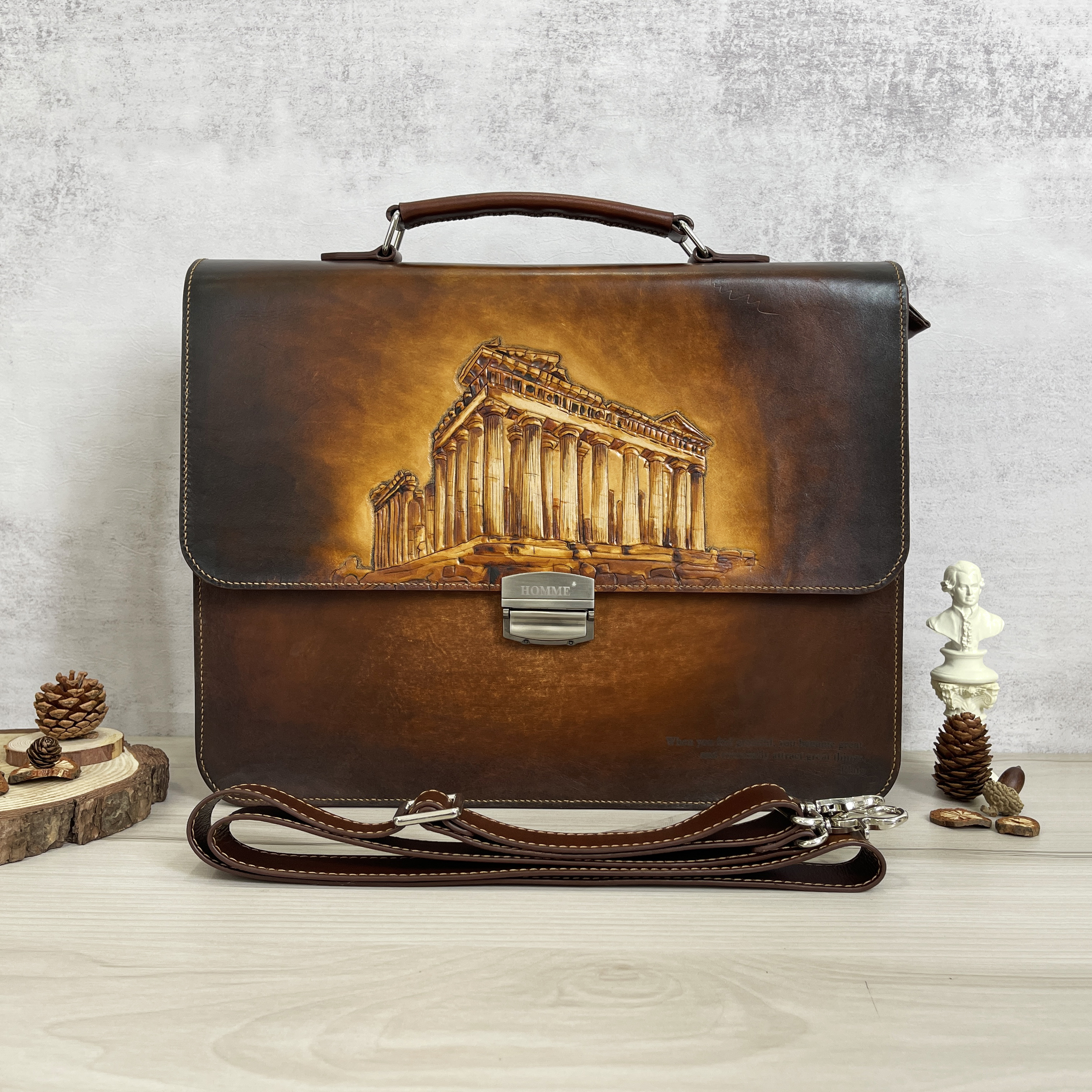 Cặp da điêu khắc Homme Handcrafted-carved Briefcase - version Parthenon, Greek