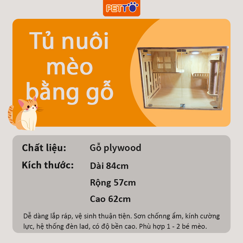 Tủ nuôi mèo - Nhà mèo villa bằng GỖ sang trọng kết hợp hệ thống ĐÈN LED kèm nhiều đồ chơi cào móng leo trèo CC018_2