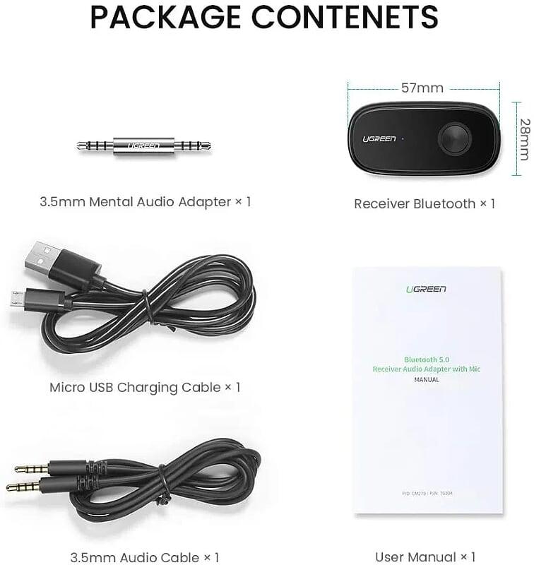 Ugreen UG70304CM279TK v5.0 3.5mm bộ nhận Bluetooth dùng cho xe hơi hay cổng âm thanh Aux - HÀNG CHÍNH HÃNG