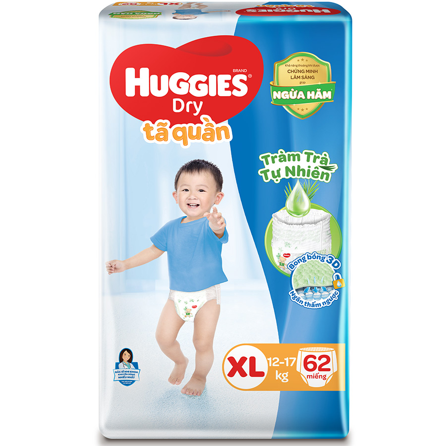 Tã Quần Huggies Dry Tràm Trà Tự Nhiên Gói Cực Đại XL62 + Tặng 8 miếng