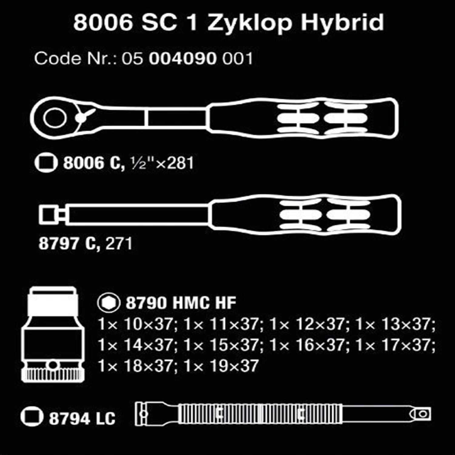 Bộ tuýp cần siết đa năng 1/2" Wera 05004090001 8006 SC 1 Zyklop Hybrid Ratchet Set gồm 13 chi tiết