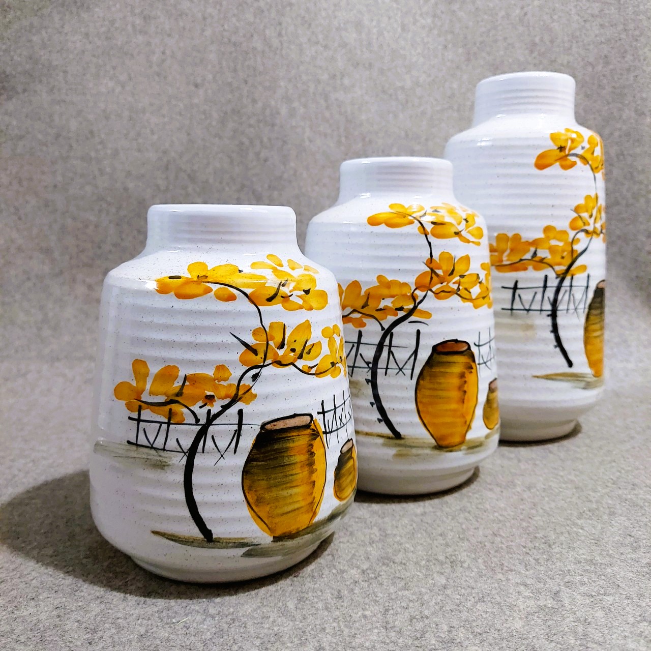 Bộ 3 Bình cắm hoa, Bình gốm Bát Tràng cổ lọ trang trí phòng khách, phòng làm việc Bông Garden cao 16,18,24cm