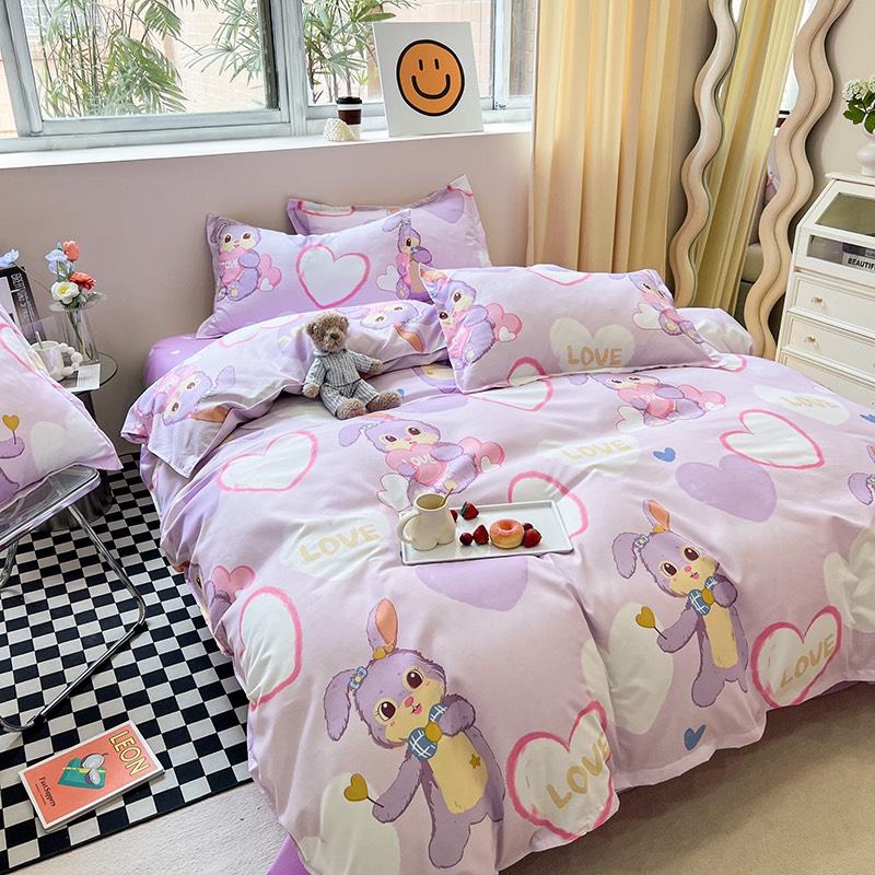 Bộ chăn ga gối poly new : thỏ tim tím 4 món Polycotton