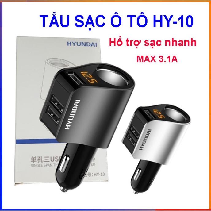 Tẩu Sạc ô tô, xe hơi Hyundai - Có Đèn Led Báo Điện Áp Ắc Quy - Đầu ra 3 cổng USB, 1 cổng tẩu tròn - sạc nhanh