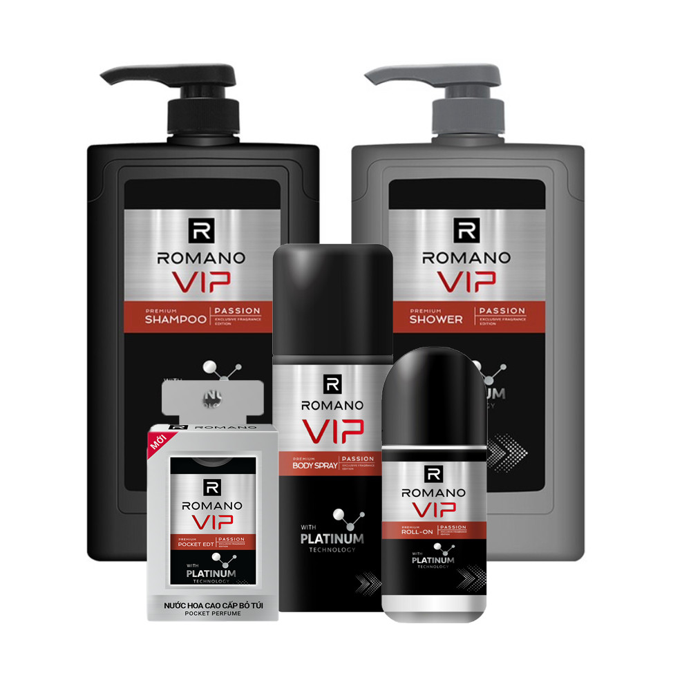 Bộ Romano Vip Passion Platinum: Dầu Gội 650ml, Sữa Tắm 650ml, Xịt khử mùi 150ml, Lăn khử mùi 50ml +Tặng nước hoa bỏ túi 18ml