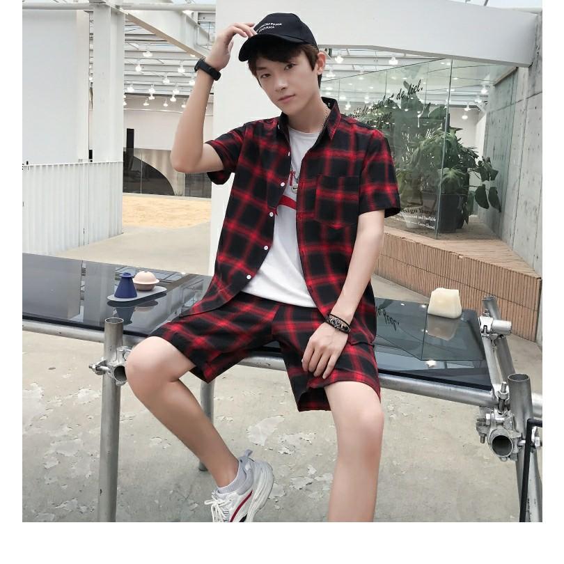 Bộ quần áo sơ mi kẻ caro cộc tay nam, vải thô mềm mát, thích hợp mùa hè, thời trang trẻ, hàng nhập Quảng Châu