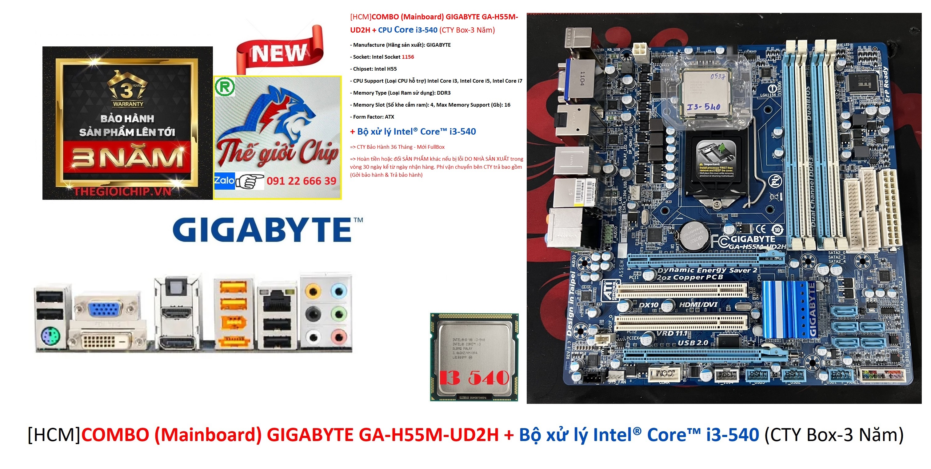 COMBO GIGABYTE GA-H55M-UD2H + CPU Core i3-540 - HÀNG CHÍNH HÃNG