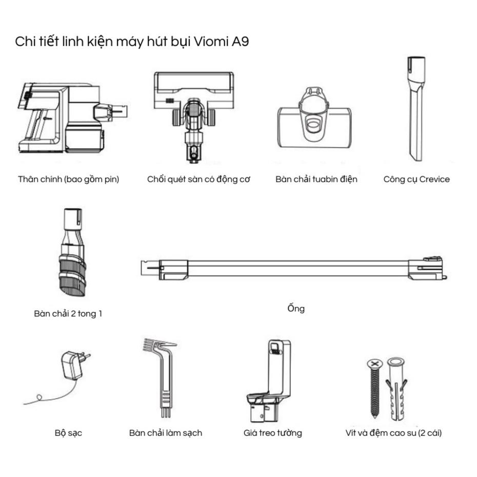 Máy hút bụi cầm tay Viomi A9 - Pin sạc có thể tháo rời, Lực hút 23000Pa, Kèm 4 loại đầu hút, Có đèn rọi bụi bẩn, hàng Chính Hãng