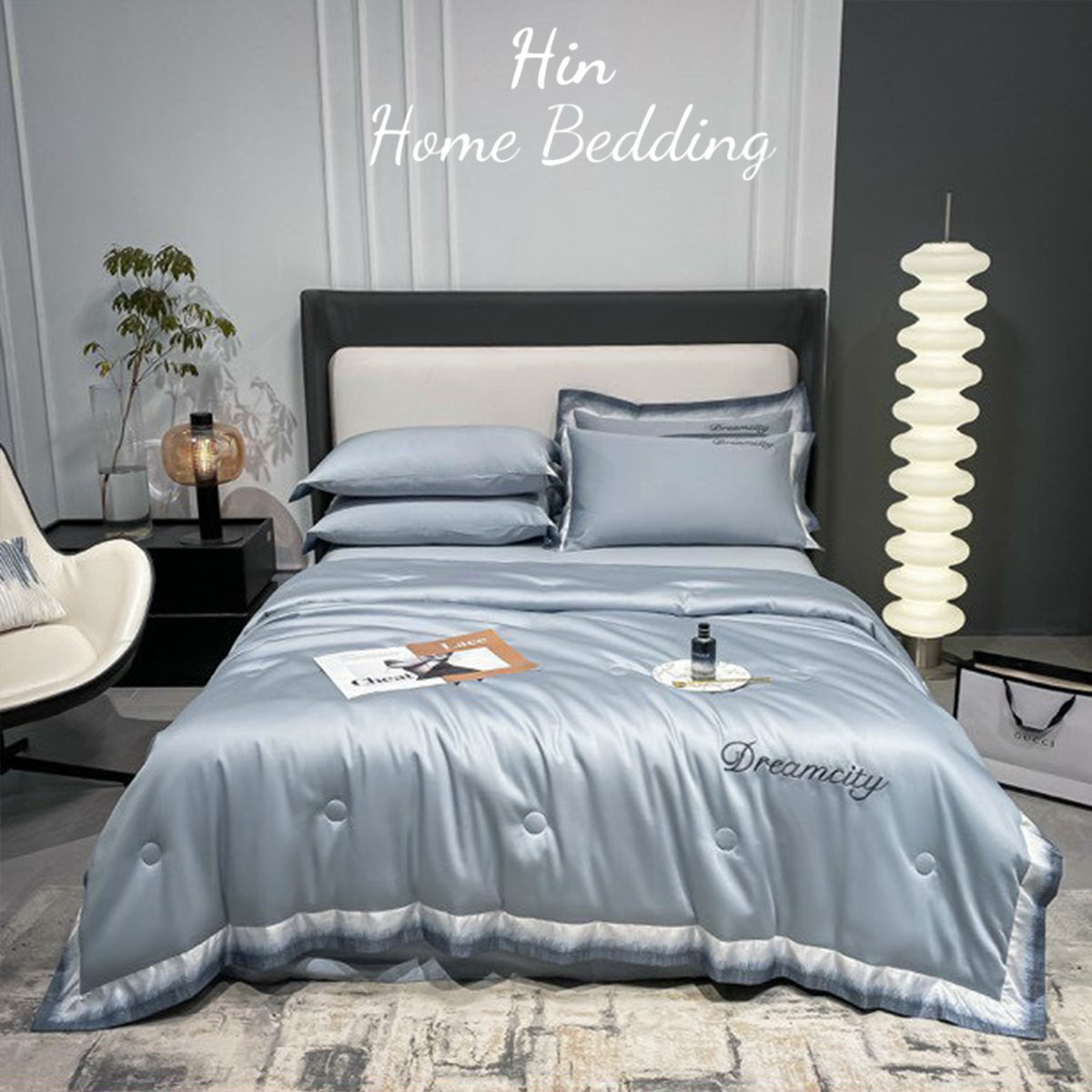 Bộ Chăn Ga Gối Đệm 5 Món Chăn Phao Lụa Thái Hin Home Bedding Mẫu Xanh Nhạt