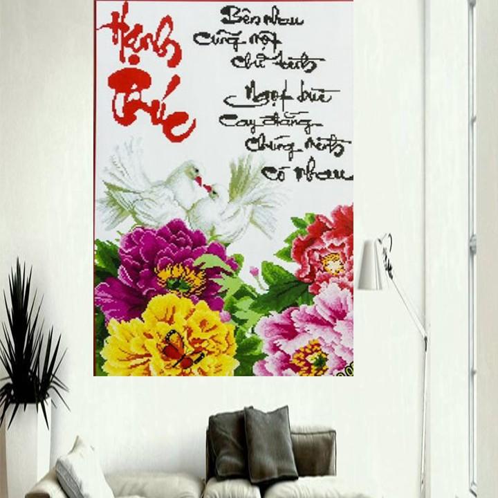 Tranh thêu đôi chim hạnh phúc hoa mẫu đơn 222696 - kích thước: 50 * 73cm.