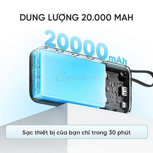 Sạc dự phòng Cuktech Power Bank Built-in USB-C Cable 1Type-C 55W 20000mAh CP25 PB200N - Hàng chính hãng